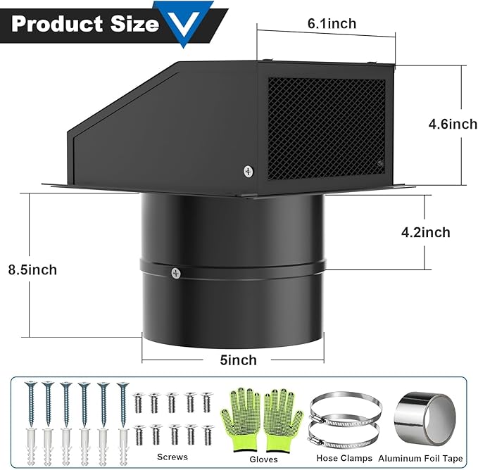 5 Inch Dryer Vent Cover, Vent Covers for Wall, Hooded Wall Vent with Screen and Damper Black Galvanized Steel Air Exhaust Duct Outlet Hood Cap Kit for Exterior Home Outdoor Laundry Ventilation