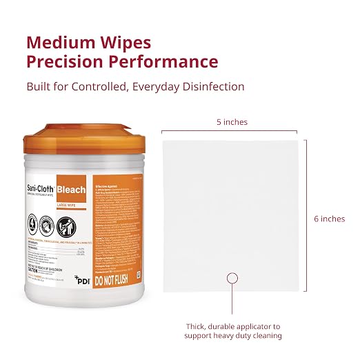 PDI Sani-Cloth Bleach Disinfecting and Cleaning, 160 Count Canister, Medium 6" x 5" Wipes, Hospital-Grade Bleach for Healthcare, Vet, and C. Diff Households