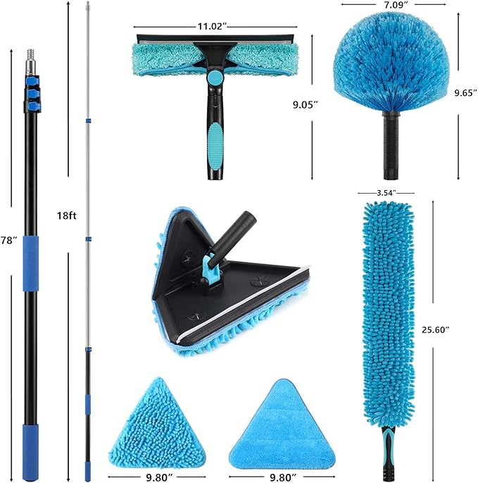 25 Foot Painted Wall Cleaner Mop with 18 Ft Heavy Duty Extension Pole, 3-in-1 High Ceiling Cleaning Tool with 4 Microfiber Chenille Pad, Cobweb Duster, Fan, Baseboard, Window Squeegee Kit (18ft)
