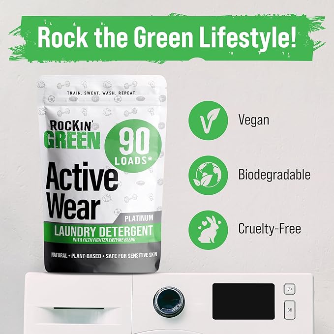Rockin' Green Laundry Detergent Active Wear 90 Loads Unscented (45 Oz) and Washing Machine, Dish Washer and Garbage Disposal Cleaning Tablets (24 Pack) - Natural Laundry Detergent Powder, Odor Fighter