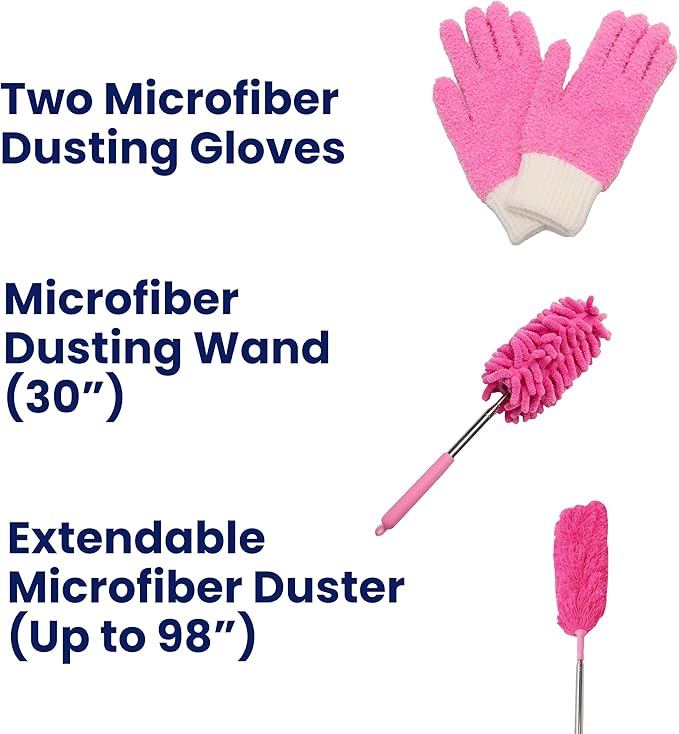 4 Piece Dusting Set – Pink Microfiber Cleaning Kit with 2 Dusting Gloves, Extendable Feather Duster (98"), and Dusting Wand (30") for High Ceilings, Blinds & Furniture