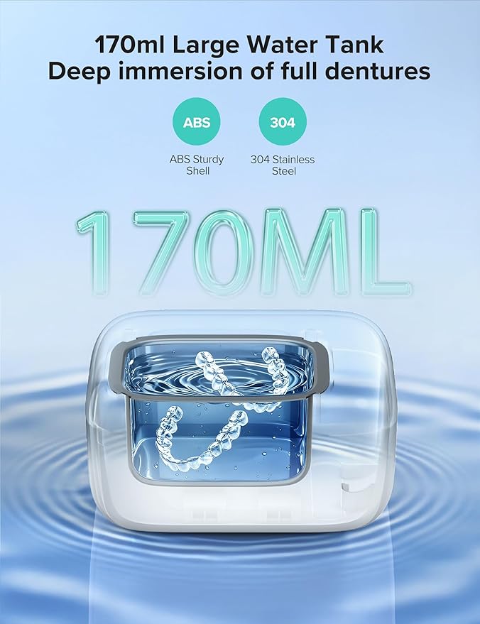 Ultrasonic Retainer Cleaner, Rechargeable Retainer Cleaner Machine, 50kHz Ultrasonic Cleaner for Night Guards, Mouth Guards, Dentures, Braces, Aligner, 170ML, 2 Modes