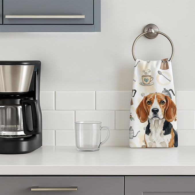 Caroline's Treasures Beagle Coffee Bar Kitchen Towel Velour Plush Front and Cotton Loop Back Machine Washable