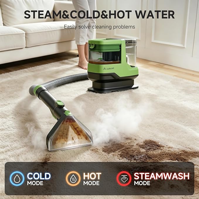 AAOBOSI Portable Carpet Cleaner Machine, 17Kpa Upholstery Steam Cleaner with Smart Voice Prompting, Self-cleaning, 4 Tools for Pets, Car, Couch and Stairs- C688, Green