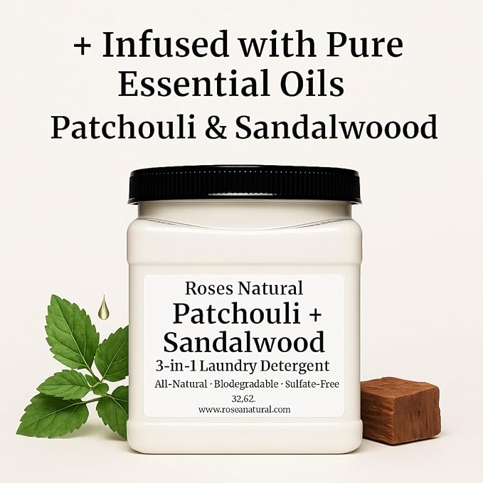 Patchouli + Sandalwood 3-in-1 Laundry Detergent Powder, 32 oz – Cleans, Softens & Removes Stains – Super Concentrated, All-Natural, Sulfate-Free, HE Compatible, Made in the USA