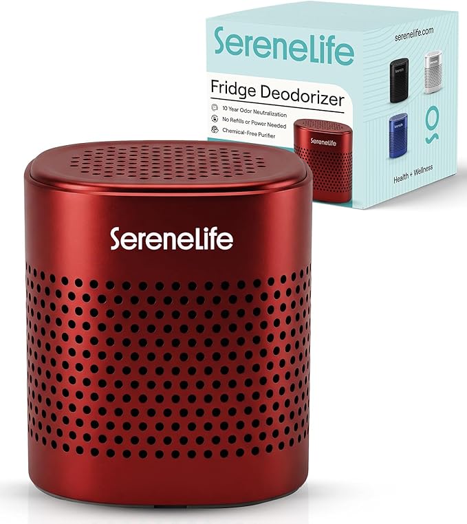 SereneLife Fridge Deodorizer & Odor Eliminator, Multi-Use Refrigerator Deodorizer Aluminum Pod for Freezer, Closet, Car, Shoes & Enclosed Spaces, Compact, Reusable & Lasts Up to 10 Years (Red)