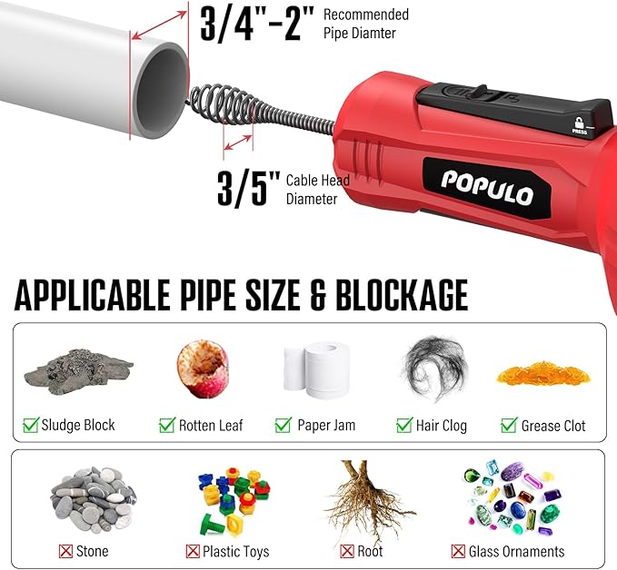 POPULO Auto-Feed 17FT Drain Snake Auger for 3/4"-2" Pipe, Plumbing Snake Drain Auger with Drill Adapter, Sink Snake Drain Hair Remover for Kitchen, Bathroom and Shower Sink, PMDA-5