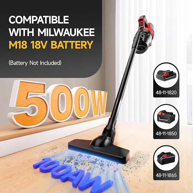 Cordless Vacuum Cleaner for Milwaukee M18 18V Battery, 500W Handheld Vacuum Cleaner with Washable Filter, Portable Stick Vacuum for Floor Carpet Car Hardwood Pet Hair(Battery Not Included)