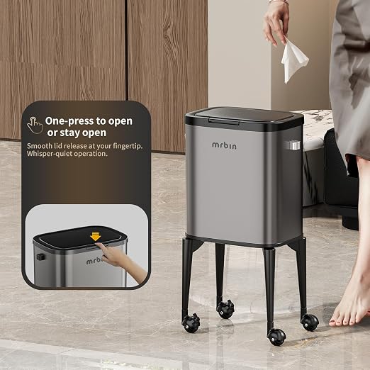 MRBIN Metal Kitchen Trash Can with Wheel Legs, 23L / 6.1gal Medium Press Lid Slim Removable Waste Basket, Pet Proof Tall Narrow Garbage Pail for Vanity, Bedroom, Bathroom, Living Room, Eclipse Grey