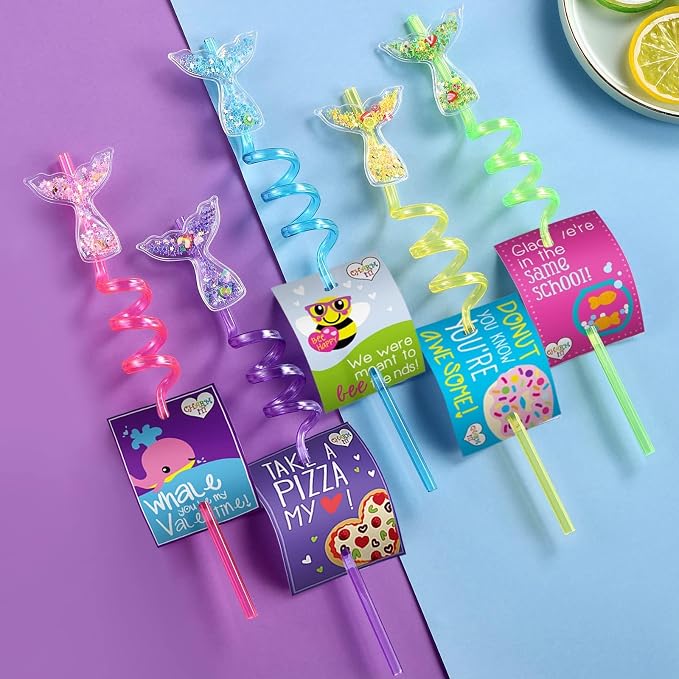 24 Glitter Mermaid Party Favors Drinking Straws for Mermaid Under the Sea Birthday Party Decorations Supplies with 2 PCS Straws Cleaning Brush