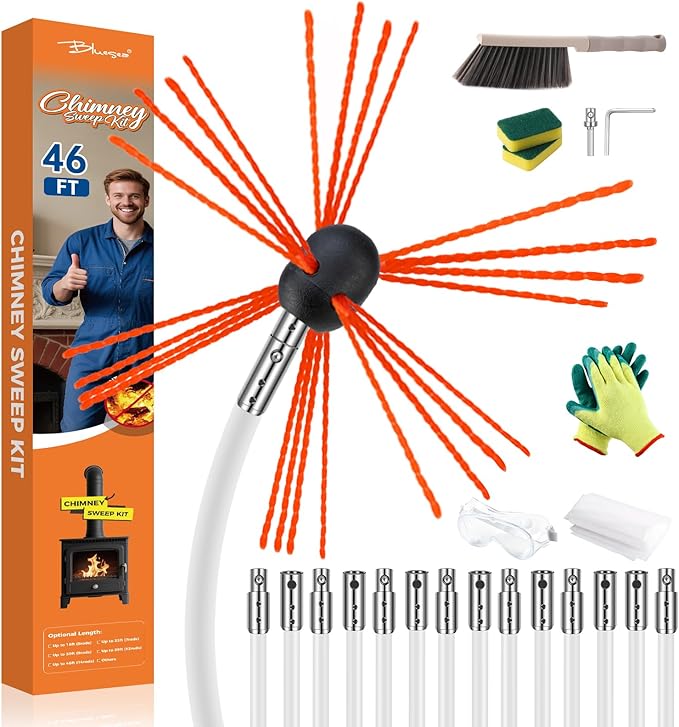Bluesea Chimney Sweep Kit - Extends Up to 46 Feet, Includes 14 Flexible Rods and Strong Brush for Efficient Cleaning