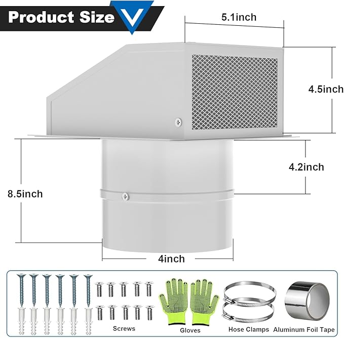 4 Inch Dryer Vent Cover Outside, Wall Vent Cover Exterior Dryer Vent Cover Galvanized Steel Hooded Wall Vent with Screen and Damper White Air Exhaust Duct Outlet Cap for Outdoor Home Laundry Room