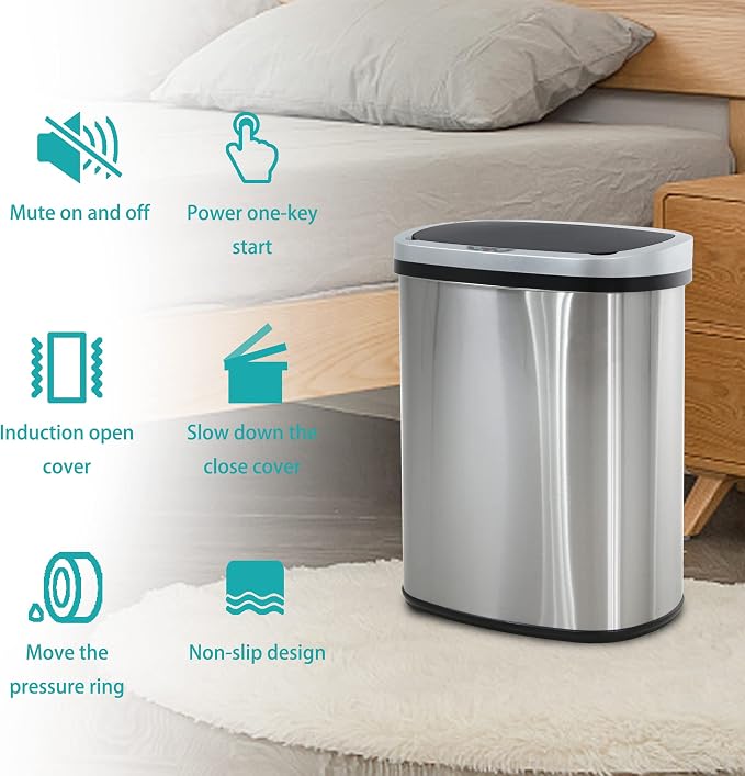 PayLessHere 13 Gallon / 50 Liter Trash Can Stainless Steel Touchless Trash Bin Oval Shape Office Waste Bin for Kitchen Bathroom Bedroom Living Room with Lid Powered by Batteries (not Included)
