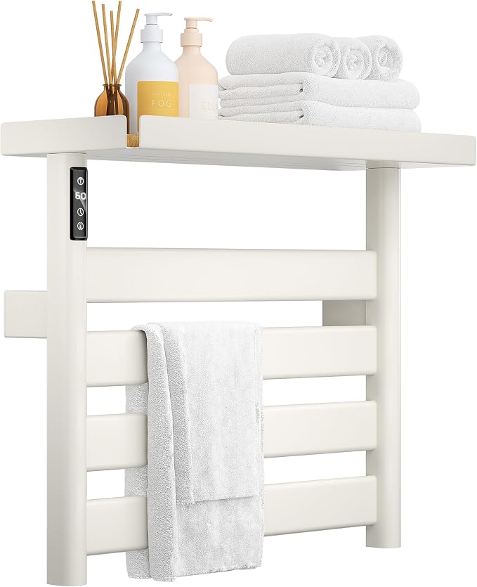 Electric Heated Towel Rack with Removable Top Shelf, Wall Mounted Bathroom Towel Warmer & Drying Rack, 158°F Fast Heating with Touch Screen Timer, Home Spa Towel Holder, Matte Black / Cream White