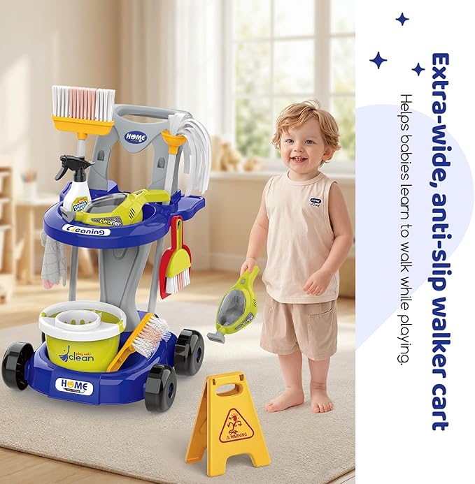 Toddler Cleaning Toy Set, Kids Cleaning Set - Pretend Play Educational Kit with 2-in-1 Toy Vacuum, Mobile Cleaning Cart, Broom & Dustpan, Home Cleaning Toys for Boys Girls (Blue)