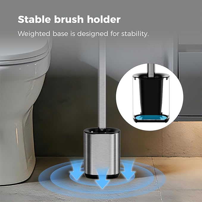 Sineng Silicone Toilet Brush and Holder Set, Stainless Steel Toilet Cleaning Brush, One-Piece Long Handle, Flexible Compact Modern RV Toilet Bowl Brush for Bathroom