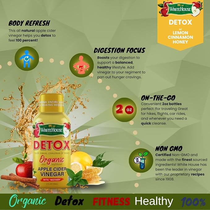 White House Detox Apple Cider Vinegar Shots, Raw Unfiltered, On the Go (Detox, Pack of 24)