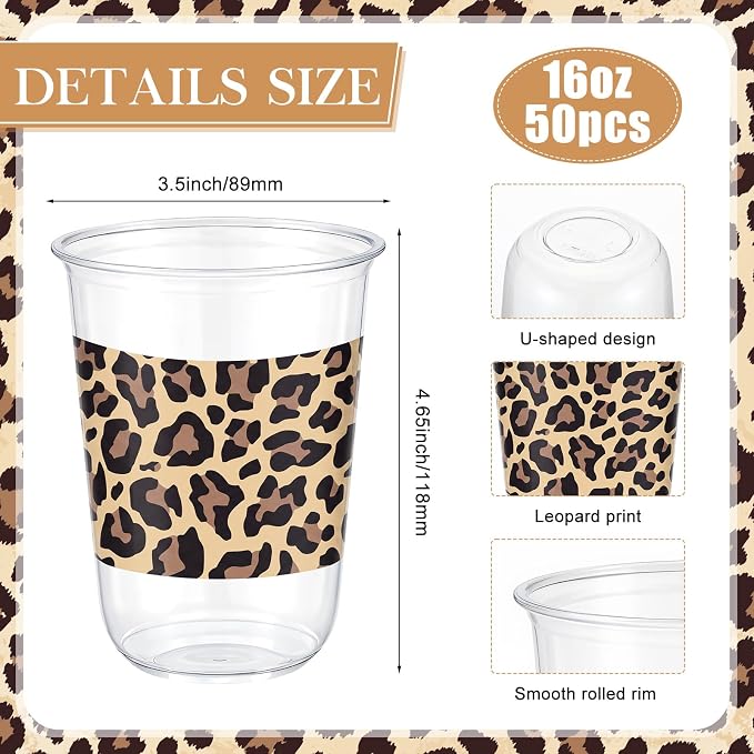 Ziliny 50 Pcs 16oz Plastic Cups Leopard Print Birthday Party Decorations Supplies Disposable Plastic Cups for Bachelorette Party Valentines Galentines Day Christmas Wedding Baby Shower