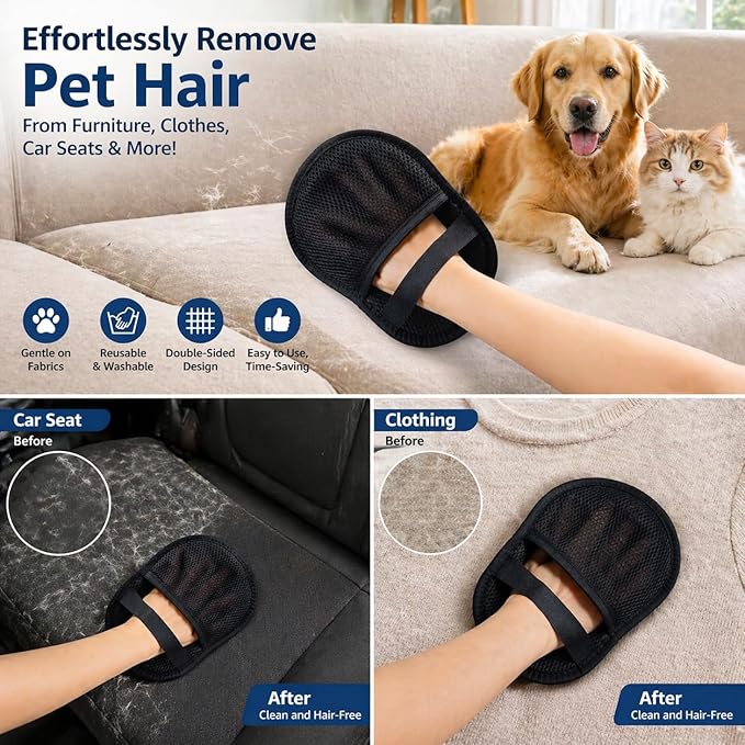 Pet Hair Removal Glove for Cats & Dogs, 2Pcs, Five-Finger Electrostatic Reusable Pet Hair Remover Tool, for Laundry, Couch, Carpet, Car Seat