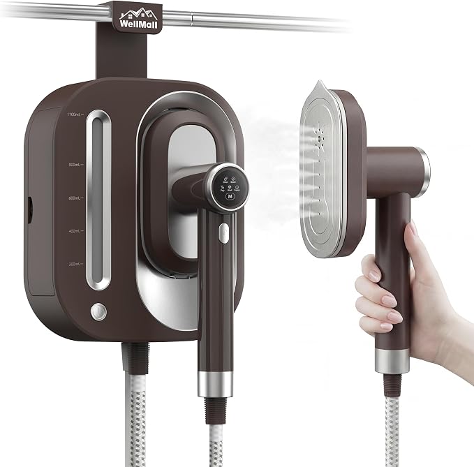 2 In 1 Steamer for Clothes: 1550W Powerful Steamer with 1100ml Detachable Tank, 30s Fast Heat-Up, Horizontal & Vertical Use, Portable Wrinkle Remover for Clothes Drapes Bedding (Brown)