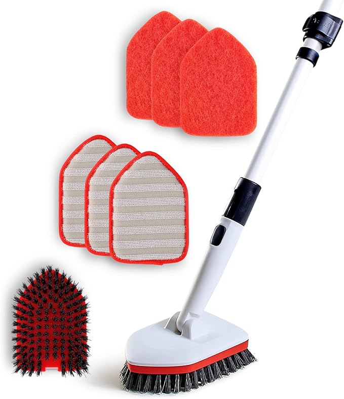 Moku Home Shower Scrubber 3 in 1 Extendable Long Handle 58" Cleaning Brush Bundle Value Pack - Non Scratch Shower Brush for Cleaning Bathroom Kitchen Toilet Wall Tub Tile Sink with 8 Refills (Red)
