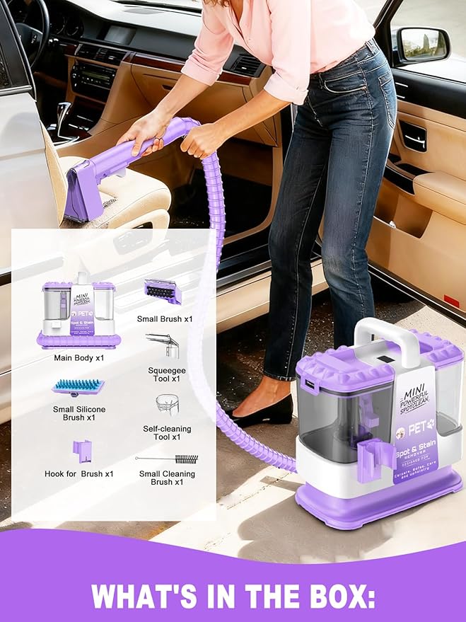 Portable Carpet & Upholestery Cleaner Machine for Pets, Spot, Stain, Couch Cleaner Machine with Powerful Suction and and Self Cleaning, Car/Auto Detailer, Lightweight Compact Design, Purple