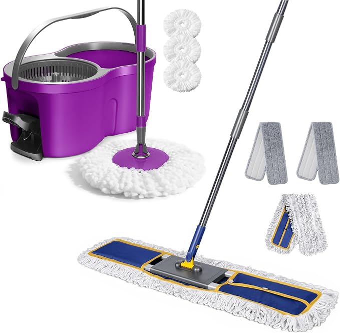 Masthome 36" Commercial Mop for Floor Cleaning with 3 Pads, & Spin Mop and Bucket with Wringer Set with 3 Reusable Pads for Floor Cleaning, Wet Dry Floor Mop for Home & Office