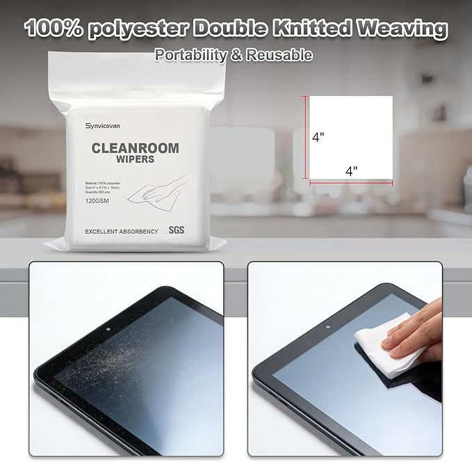 Cleanroom Wipers 4"x4"(400 Pcs, 100% Polyester, Class 100, 120GSM) Double Knit 100% Lint Free Cloths with Ultra-fine Filaments, Laser Sealed Edge Ultra-Soft Wipers