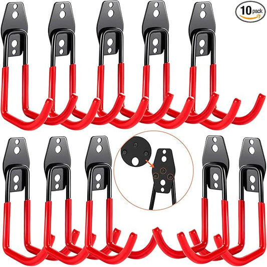 3-H Garage Wall Hooks 10 Pack,Garage Hooks Heavy Duty,Garage Storage Hooks for Hanging and Organizing Garden,Lawn,Yard Tools,Chairs,Ladders,Weed Eater,Shovel,Blower(Red)