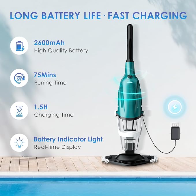Pool Vacuum for Above Ground Pool, Handheld Rechargeable Pool Cleaner, Turbo™ Technology, Strong Suction 2700L/H, Running up to 75Min, Designed for Cleaning Leaves, Sand, Small Spas/Hot Tubs