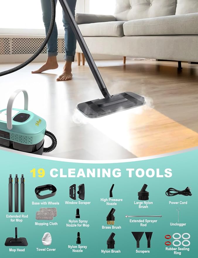 Steam Mop, 19 in 1 Detachable Steam Cleaner, 54OZ Tank, 10S Heat-up, Pressurized Deep Cleaning Steamer, 3-Level Temp & 221°F for Floors, Carpets, Tiles, BBQ grill, Car, Window (MINT GREEN)