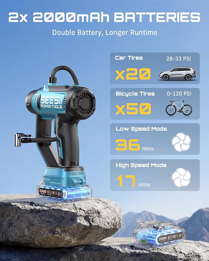 SEESII Cordless Tire Inflator Portable Air Compressor, 21V 150PSI Fast Inflation Handheld Air Pump with 20000Pa Vacuum, Dual Rechargeable Battery, Auto Shut Off, Digital Gauge, LED Light for Car, Bike