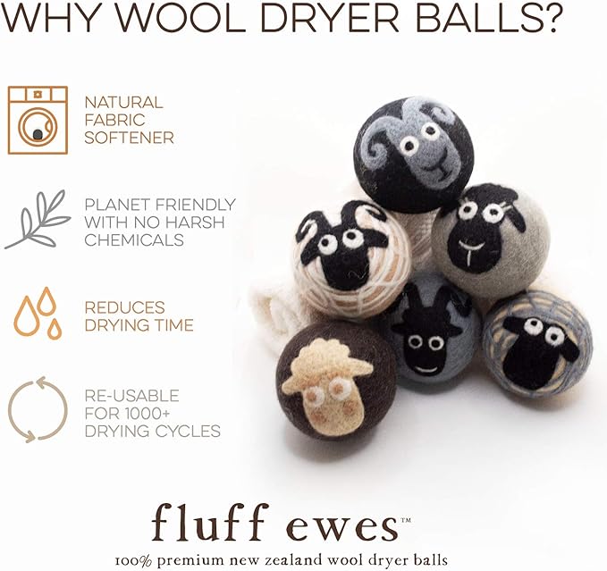 Fluff Ewes Premium Handmade New Zealand Reusable Wool Dryer Balls for Laundry & Baby + Ewe Dew Home Fragrance Aromatherapy Dryer Ball Essential Oil Blend, 2 Pack, Classic + Cottontail 0.5oz