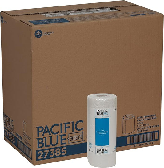 Georgia-Pacific Pacific Blue Select 2-Ply Perforated Roll Paper Towel, White, 85 Sheets Per Roll, 30 Rolls Per Case, 27385