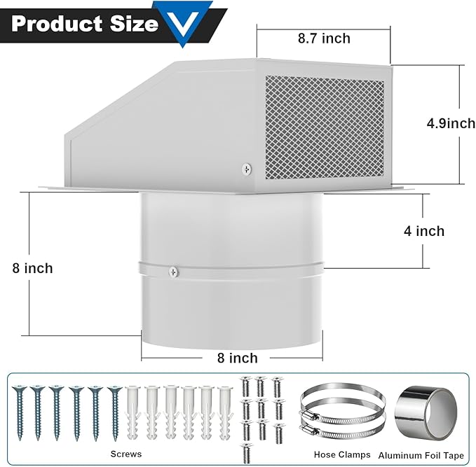 8 Inch Hooded Wall Vent with Screen and Damper, Galvanized Steel Wall Vent Cover with Hose Clamps Aluminum Foil Tape Screws White Metal Hood Cap Exhaust Duct Pipe Kit for Kitchen Bathroom Basement