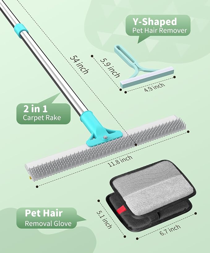 Carpet Rake for Pet Hair Removal, Reusable Carpet Rake, Pet Hair Removal Broom with Extra-Long Thickened Brush, 54" Adjustable Handle, 3 Pcs Pet Hair Removal Tool for Carpet, Sofa & Stairs