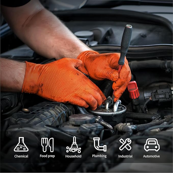 ANBOSON Orange 10 Mil Nitrile Gloves, Diamond Textured Grip, Extra Thick Heavy Duty Disposable, Latex-Free, Tear & Chemical Resistant, Multipurpose Gloves for Kitchen, Cleaning, Medium