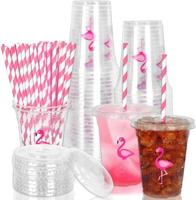 Whaline 50Pcs Flamingo Disposable Plastic Cups with Lids and Straws 12 Oz Pink Flamingo Cold Beverage Drinking Cups for Summer Tropical Hawaiian Birthday Bachelorette Bridal Shower