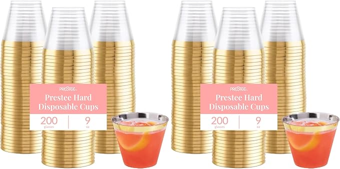 Prestee Hard Disposable Cups - Heavy Duty Fancy Plastic Cups - Plastic Cocktail Drinkware - Disposable Drinking Cup 9 oz - Bulk Drinking Glasses for Wedding - 200ct Gold Tumblers (Pack of 2)
