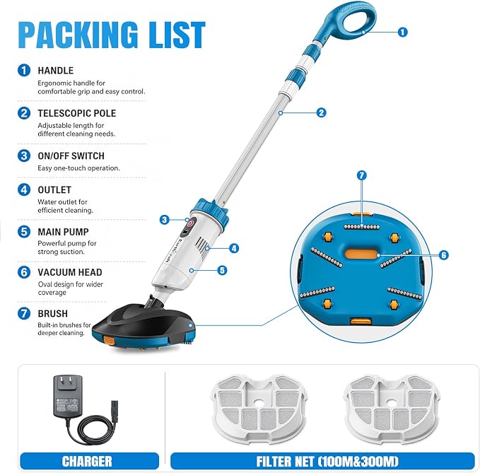 18.5 GPM Suction Pool Vacuum for Above Ground Pool,Hot Tubs,Spas | Telescopic Pole Up To 75'', 1.4L Debris Capacity, 60 Min Runtime, Filter Net*2, Cordless Pool Vacuum