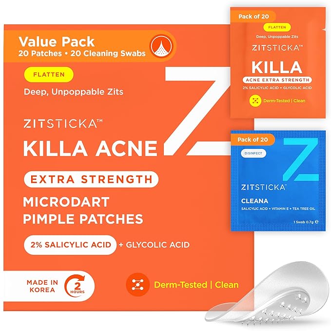 ZitSticka Extra Strength Killa Acne Microdart Patches for Face - OTC Acne Treatment with 2% Salicylic Acid - Fast Acting Microdarts for Deep, Early-Stage Zits & Blemish - 20 Count