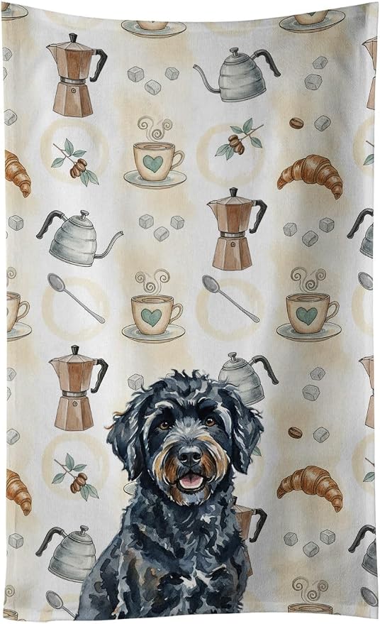 Caroline's Treasures Black Portuguese Water Dog Coffee Bar Kitchen Towel Velour Plush Front and Cotton Loop Back Machine Washable