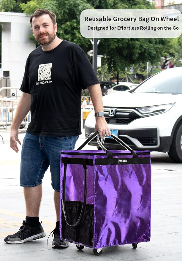 (Medium, Light Purple) Reusable Grocery Bag on Wheels, 70L Foldable Rolling Tote, Carries Up to 66 lbs Shopping Trolley, Zipper Clouser Shopping Carts for Trips, Laundry, Camping, Moving