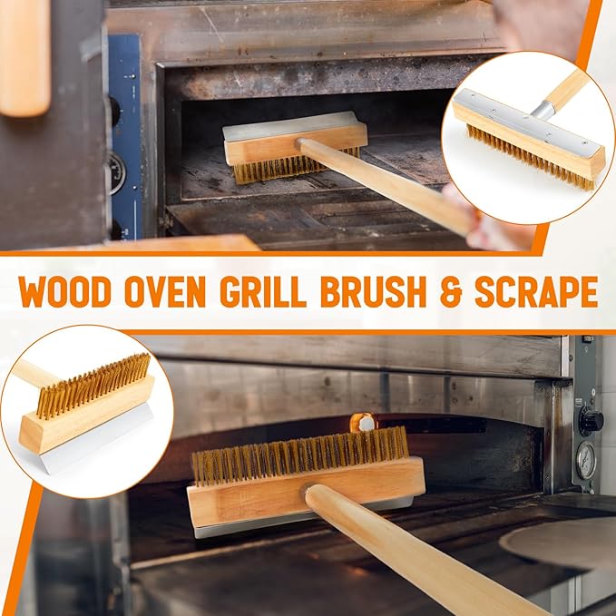 Reallnaive 2 Pack 37 Inch Wood Handle Pizza Oven Brush with Scraper Outdoor Pizza Oven Cleaning Brush Tool, Aluminum Threaded Tip, Brass Bristles with Steel Scraper
