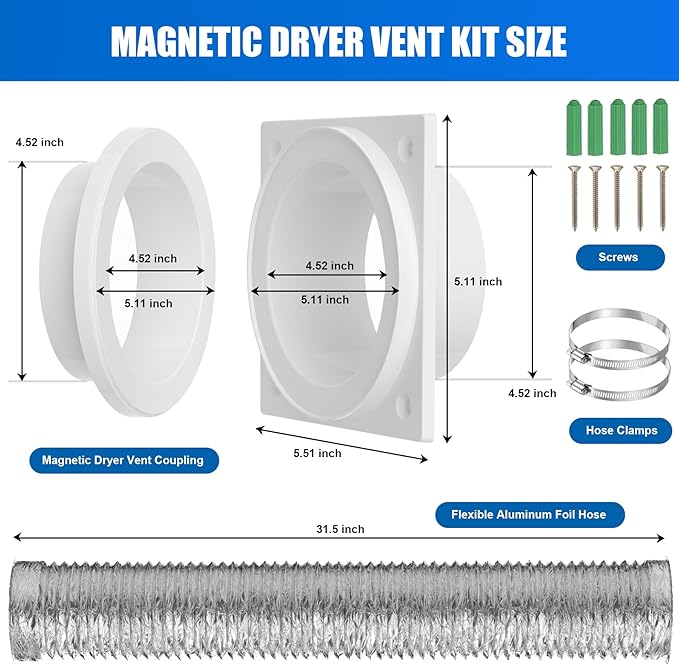 Magnetic Dryer Vent Coupling, Airtight Seal Strong Magnet Dryer Vent Connector Kit Quick Connect Disconnect Easy to Clean Flexible Hose Exhaust Duct Adapter Attachment with Clamps Screws