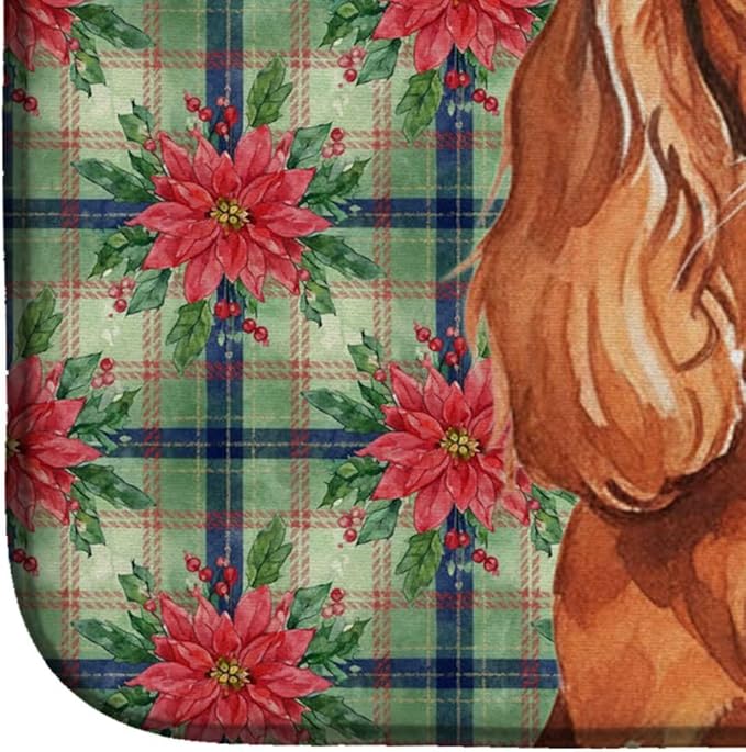Caroline's Treasures Ruby English Toy Spaniel Christmas PoinsettIas Dish Drying Mat Absorbent Dish Drying Mat Pad for Kitchen Counter Dish Drainer Mat for Countertop, 14 x 21", Multicolor