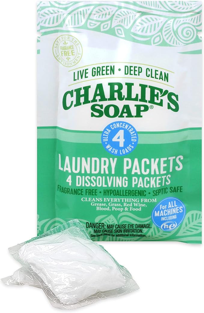 Charlie's Soap - Unscented Laundry Packets - Travel Size (2 Pack, 8 Total Loads)