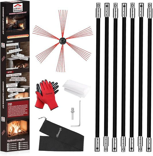 23 Feet Chimney Sweep Kit, Chimney Cleaning Kit with 7 Flexible Black Chimney Rods, Rotary Chimney Cleaning System Driven by Drill for Sweeping Fireplace, Chimney Cleaners with Strong Brush