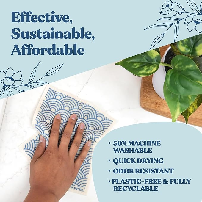 FEBU Swedish Dishcloth Bundle | Set of 3 Packs | Swedish Dishcloths for Kitchen | 5 Pack Reusable Paper Towels Washable