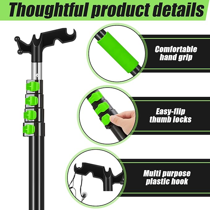4.3-18ft Long Christmas Light Hanger Pole with Utility Hook, Telescopic Extension Pole Multi-Purpose for Christmas String Lights Installation Painting Cleaning Without Ladder (Green)